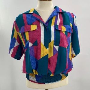 Vintage 1980’s DAVID MATTHEW Women Blouse Top Multicolor Bright Short Sleeve 8